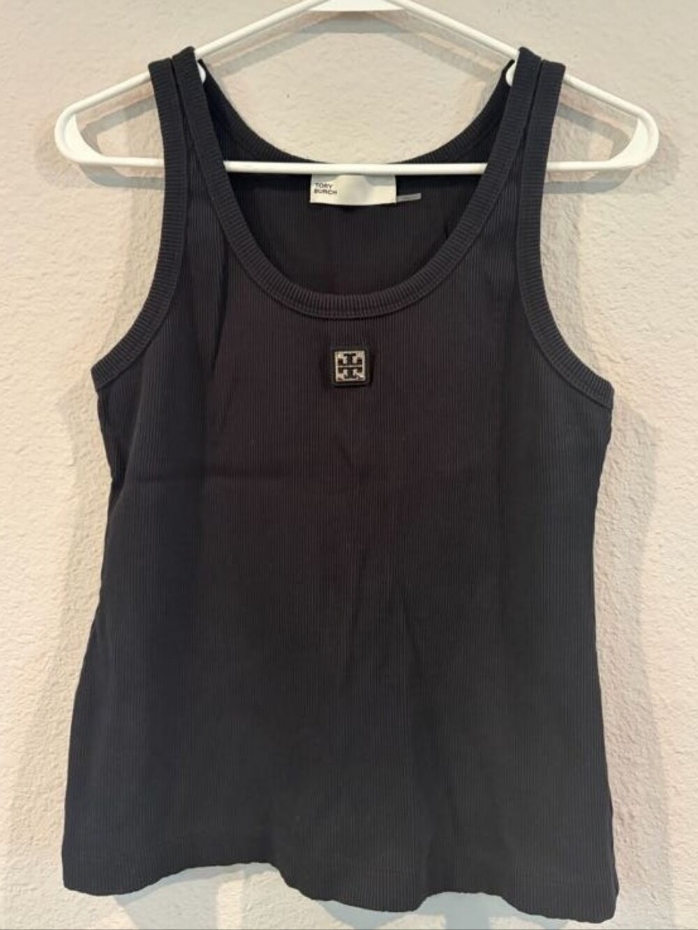 Tory Burch Womens 100% Cotton Black Ribbed Metal Logo Scoopneck Tank Top Size XL